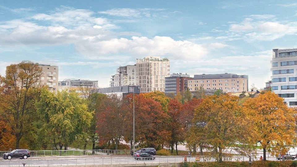 Träd med löv i rött, gult och grönt framför bostadhus. Bilar i rörelse, illustration.