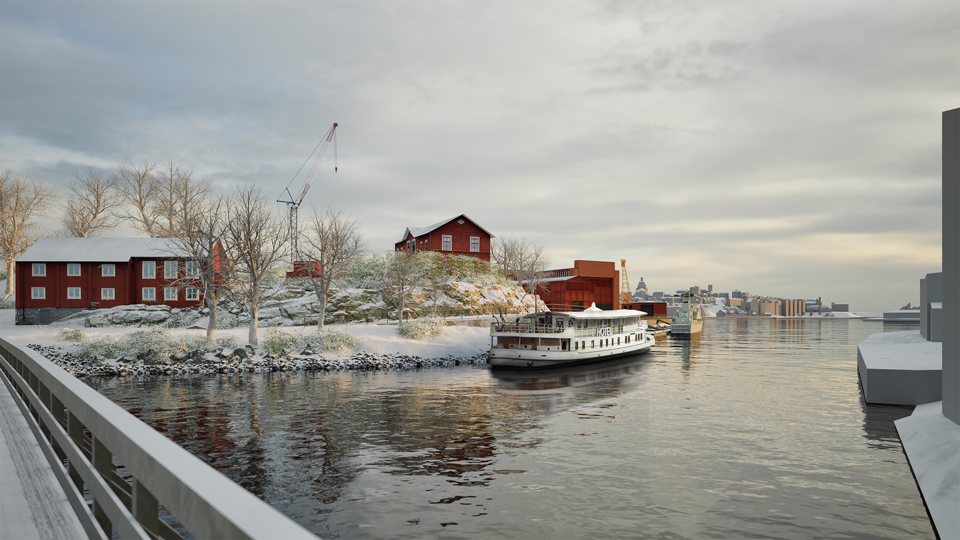 Bild av faluröda byggnader och hotellbåt i snön vid Beckholmen. 