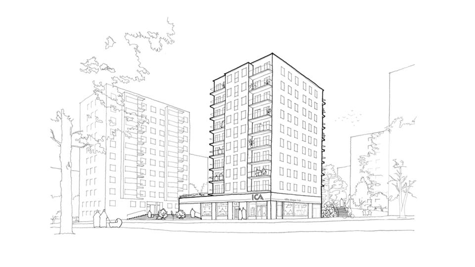 Illustrations skiss av ett flerbostadshus som är placerad på en livsmedelsbutik. 