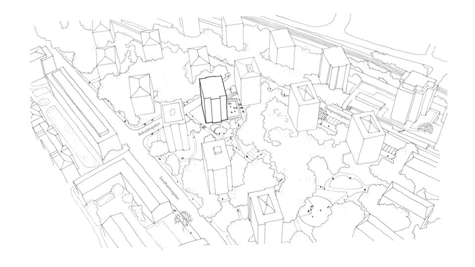 Illustrations skiss över flera punkthus sett från ovan omringade av grönska och vägar. 