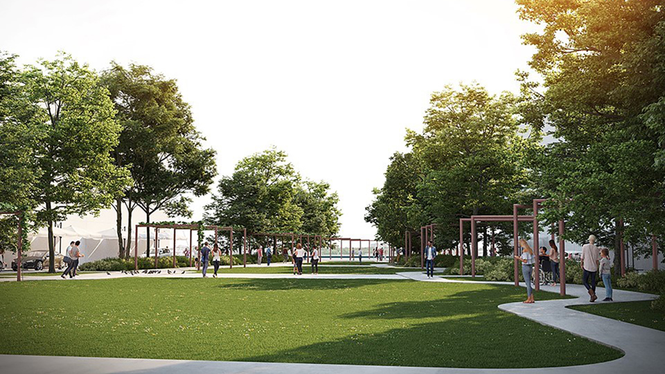 Park med gräsmattor, träd, pergola, gångvägar. Människor i rörelse. Illustration.