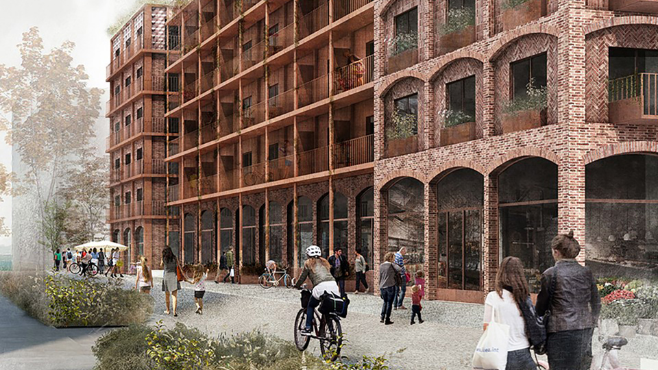 Tegelbyggnad med balkonger, planteringar och människor som är i rörelse och cyklar. Illustration.