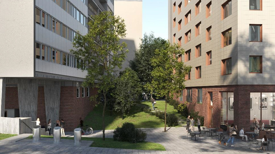 Vy mot korsning med flerbostadshus, människor i rörelse, illustration.