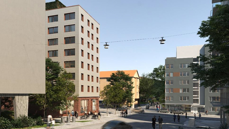 Vy mot grönområde mellan flerbostadshus, trottoar, cadéverksamhet med uteservering på gatuplan. Människor i rörelse, illustration.