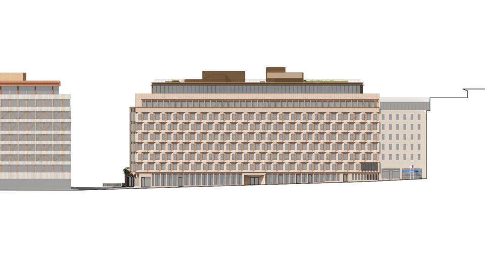 Fasadillustration som visar planförslagets fasad mot Malmskillnadsgatan