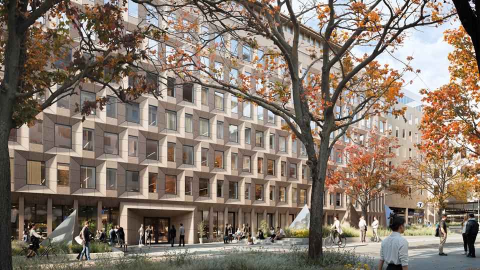 Illustration som visar en framtida vy mot Malmskillnadsgatan: Ny utformning av bottenvåning, tydlig huvudentré till Putten 15, sittplatser, gröna växtbäddar och belysning med lanterniner.