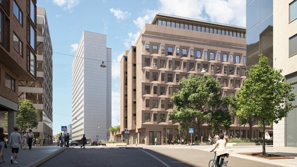 Illustration som visar en framtida vy från Mäster Samuelsgatan: Befintlig byggnad med nya takvåningar, moderniserad bottenvåning och en uppdaterad gatumiljö vid Malmskillnadsgatan.