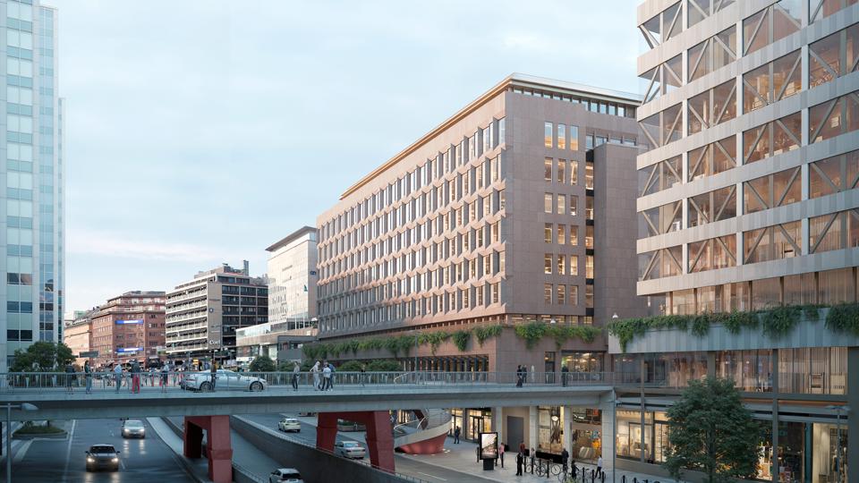 Illustration av en ny gavelfasad mot Mäster Samuelsgatan: Till- och påbyggnad med tydliga skivmotiv och fönsterarrangemang. 