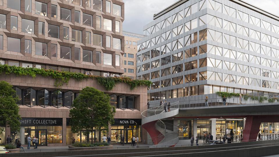 Illustraion som visar vyn från Sveavägen med ny trappkoppling i from av oval spiraltrappa från bron på Mäster Samuels gatan.