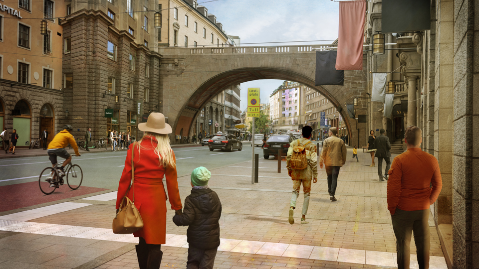 Människor som promenerar längs med Kungsgatan dagtid. Bilar som kör och en cyklist som cyklar, illustration.