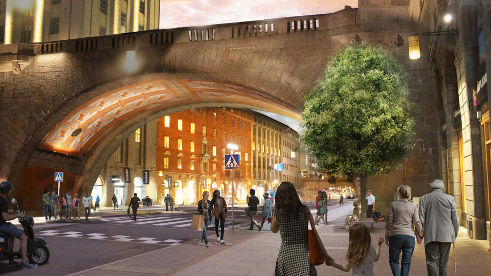 Belyst bro över Kungsgatan. Människor promenerar och korsar gatan vid övergångsställe, illustration.