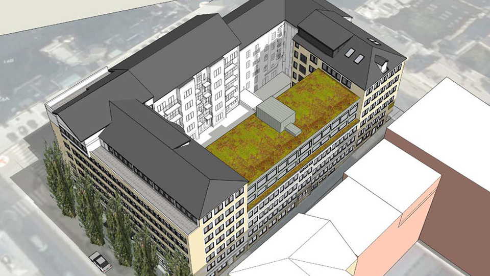 Flerfamiljshus och innergård sett ovanifrån. Illustration