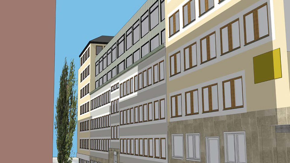 Illustration över fasad på flerfamiljshus