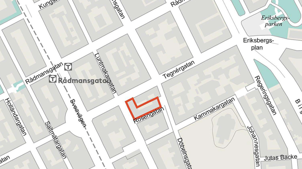 Karta med del av ett kvarter rödmarkerat