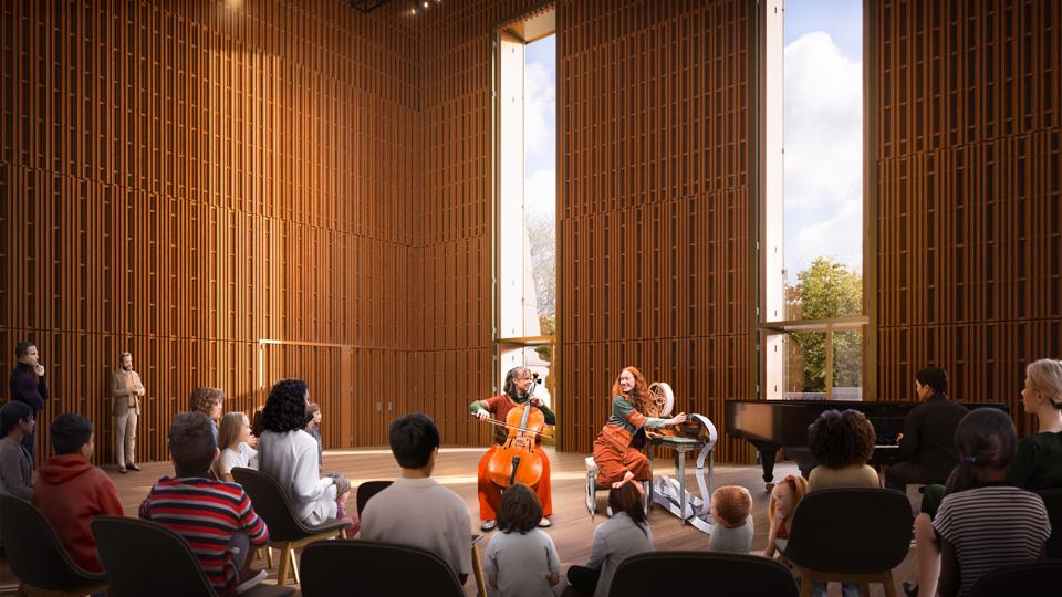 Visualisering av den föreslagna nya scenen i Kungliga Operans påbyggnad, med instrumentalister på scen och publik i salongen. Bilden visar en modern konsertsal med akustiskt utformade väggar.