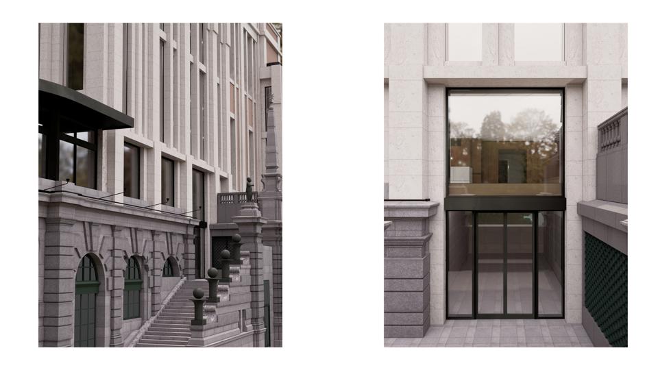 Detaljvisualisering av hur Kungliga Operans föreslagna påbyggnad ansluter till det befintliga trapphålet i sockelvåningen. Bilden visar den arkitektoniska lösningen för övergången mellan ny och gammal byggnadsdel.