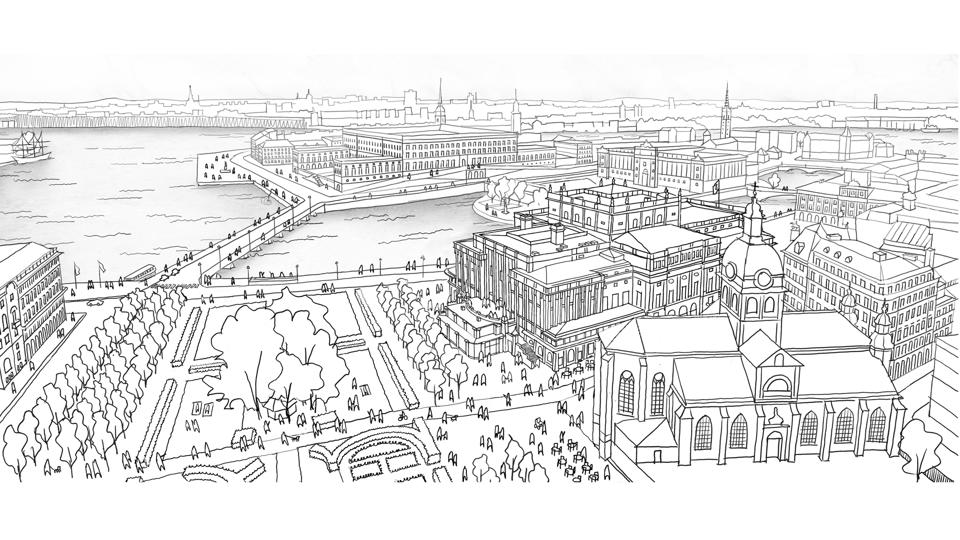 Illustrationsvy över Kungsträdgårdsområdet i Stockholm med Kungliga Operans föreslagna påbyggnad. Bilden visar projektets placering i stadsmiljön med omgivande byggnader, gator och vatten