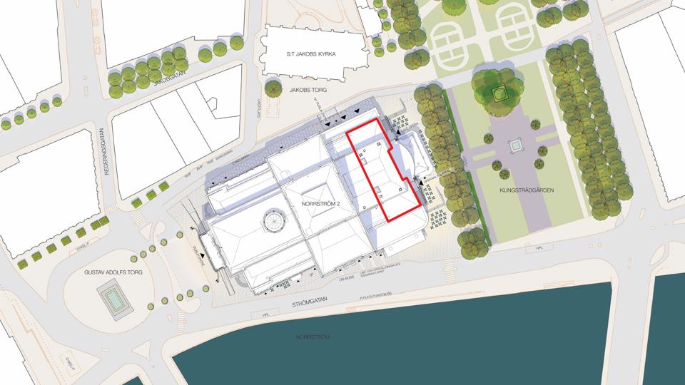 Illustrationsplan över Kungliga Operans område i Stockholm som redovisar den planerade bebyggelsevolymen för den föreslagna påbyggnaden. Planen visar byggnadens fotavtryck, höjder och förhållande till omkringliggande bebyggelse och gaturum. 