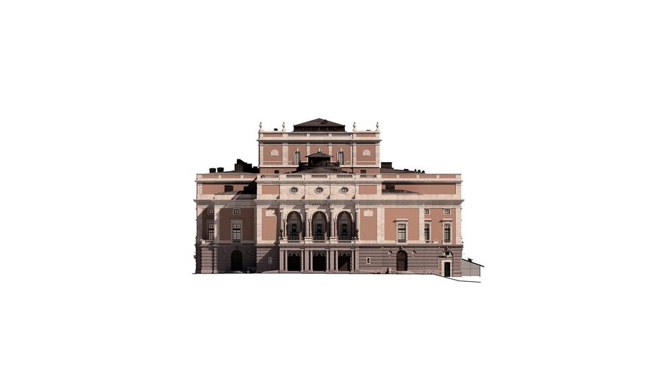 Illustration av fasaden på Kungliga Operan mot Gustav Adolfs torg, visande den föreslagna påbyggnadens tvärsnitt och integration med den befintliga byggnaden.