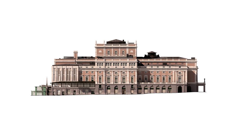 Illustration av fasaden på Kungliga Operan mot Jakobs torg, visande den föreslagna påbyggnadens tvärsnitt och integration med den befintliga byggnaden