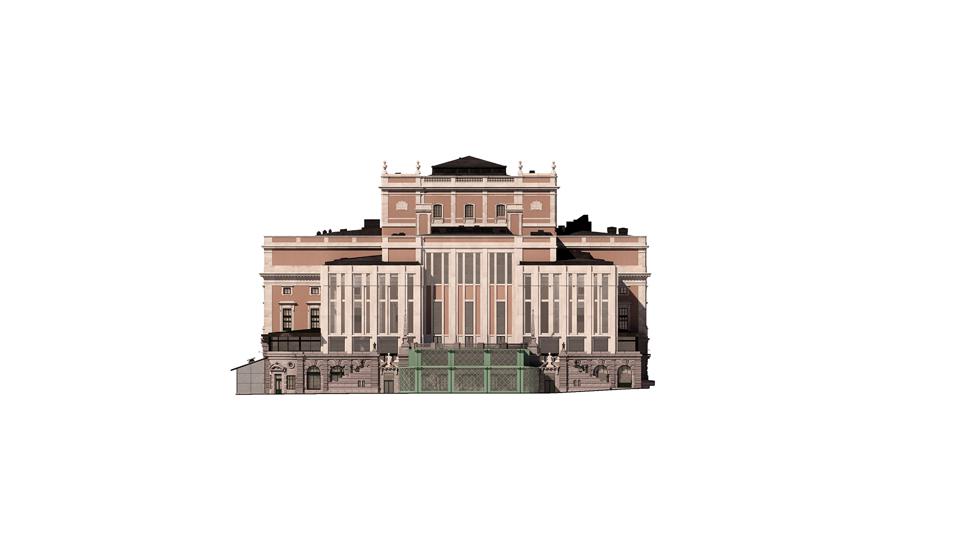 Illustration av fasaden på Kungliga Operan  mot Karl XIIs torg, visande den föreslagna påbyggnadens tvärsnitt och hur den ansluter till den befintliga byggnaden