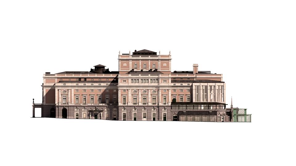 Sektionsillustration av fasaden på Kungliga Operan mot Strömgatan, visande den föreslagna påbyggnadens tvärsnitt och hur den ansluter till den befintliga byggnaden.