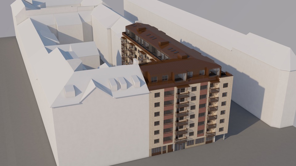 Bostadshus med flera våningar och balkonger. Illustration, ritning.