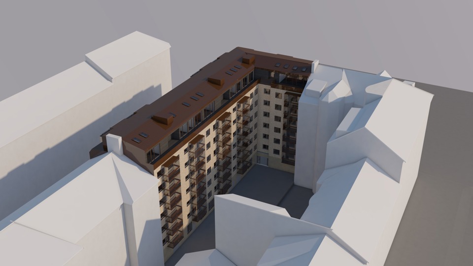 Bostadshus med flera våningar och balkonger. Illustration, ritning.