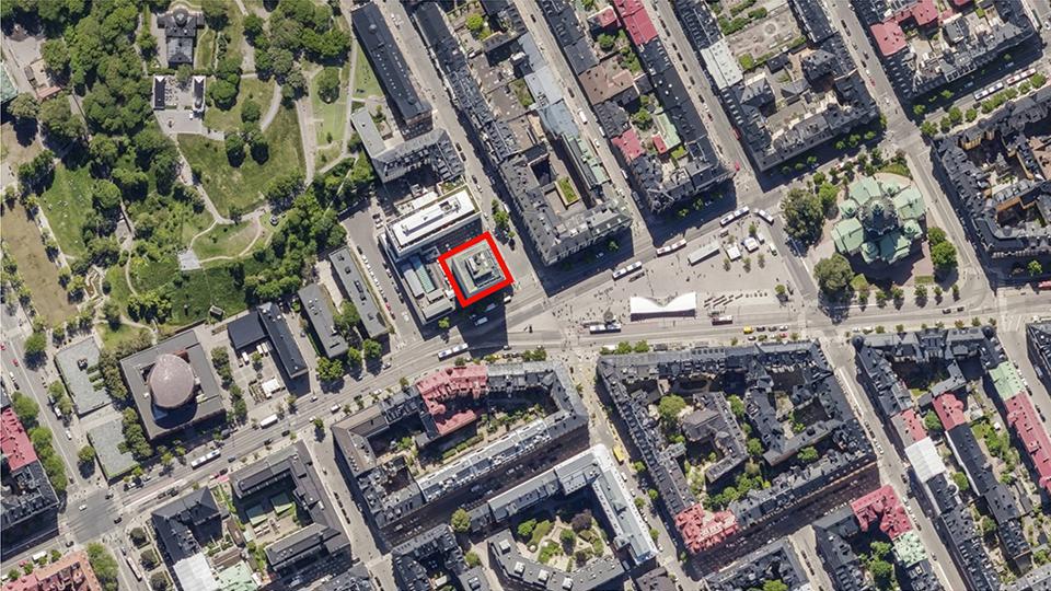 Flygvy över området där planområdet är markerat med rött.
