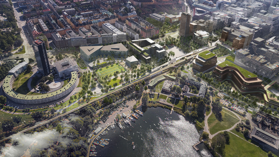 Aerial view showing the visionof buildings and greenery of the eastern part of Hagastaden.