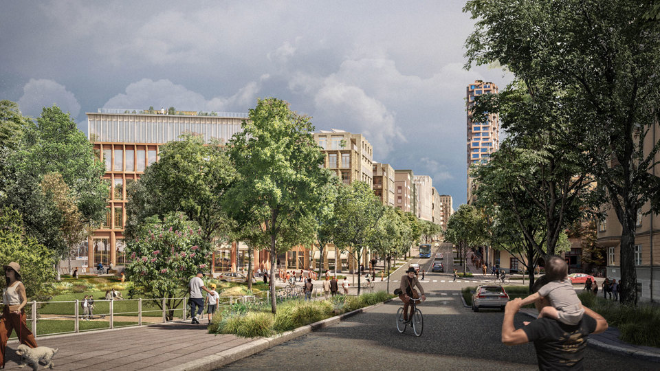 Buildings in the background with greenery, pedestrians, and cyclists in the foreground.