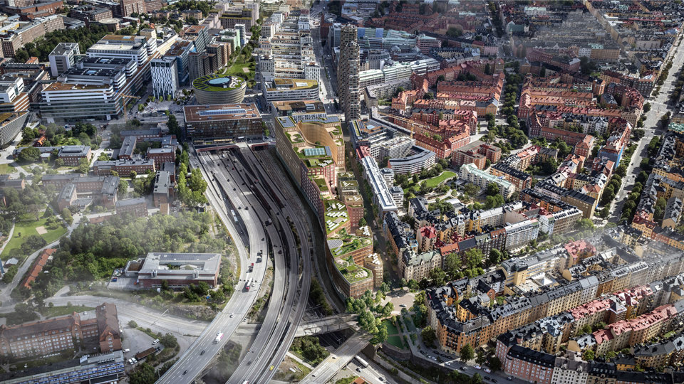 Aerial view showing the vision of buildings in Västra Hagastaden.