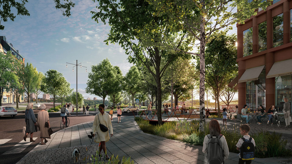 A park in the background with abundant greenery. A pedestrian and a cyclist in the foreground.