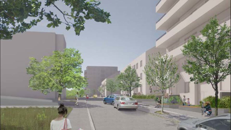 Vy längs med mindre bilväg, flervåningshus till höger om gatan med balkong ut mot väg, illustration.