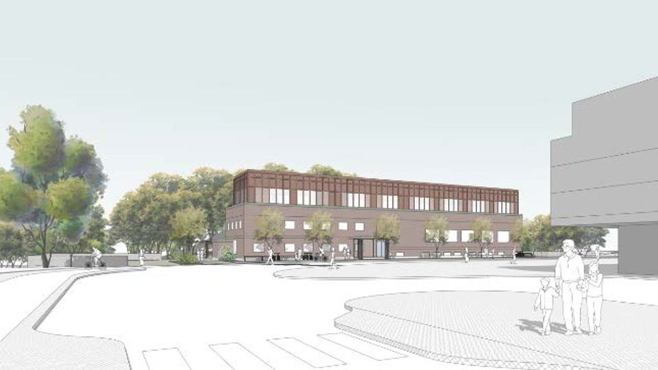 Vy mot kyrkbyggnad med planerad tillbyggnad om en våning, illustration.