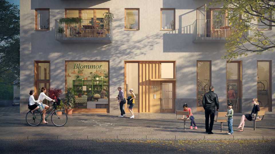 Bostadsområde, människor promenerar, illustration.