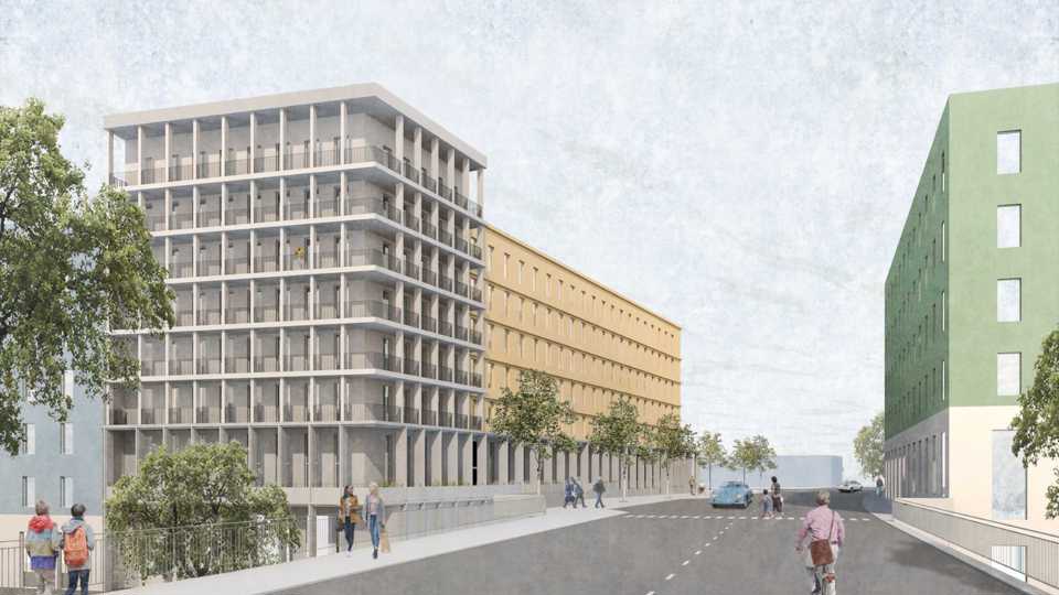 Gatuvy i nybyggt bostadsområde, illustration.