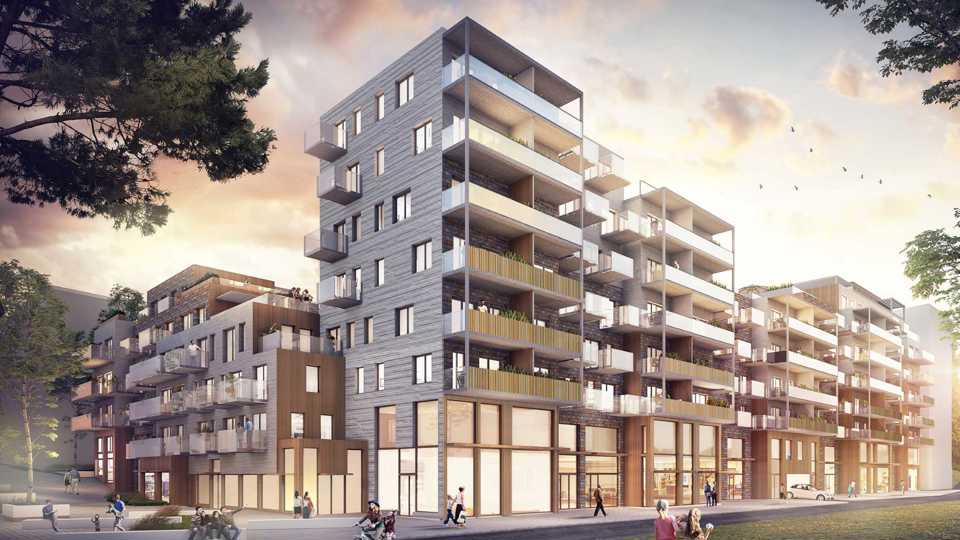 Livligt bostadsområde på kvällstid, illustration.
