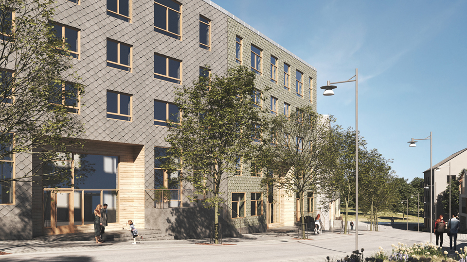 Ljusfärgade bostadshus i varma beiga och göra toner. Fasaden har struktur och portarna träklädda. Utanför leker barn och vuxna står och pratar på en lugnt gata, illustration.