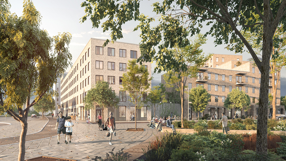 Ljusa tegelhus i flera våningar. Människor promenerar längs ett promedstråk och park, illustration.