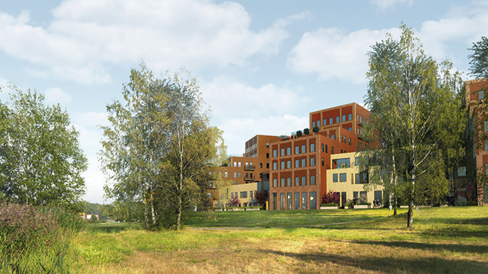 Moderna hus, olika höga. Några  rödbruna och andra svagt gula. Husen ligger bredvid en grön äng, illustration.