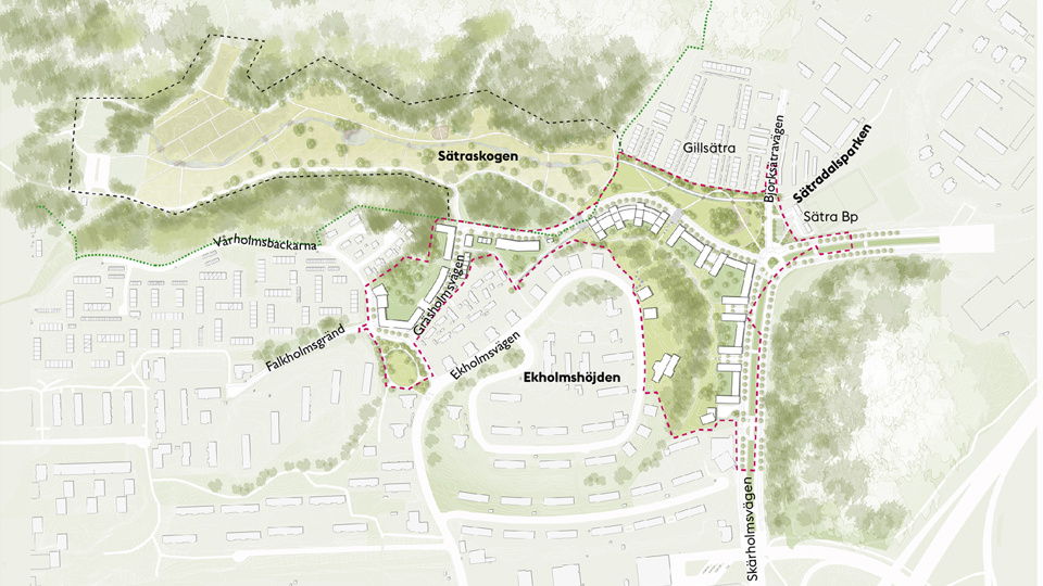 Skissad karta över Skärholmsdalen, illustration.