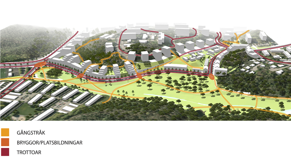 Sett uppifrån, planerat område med bostäder. vägar och grönområde, illustration.