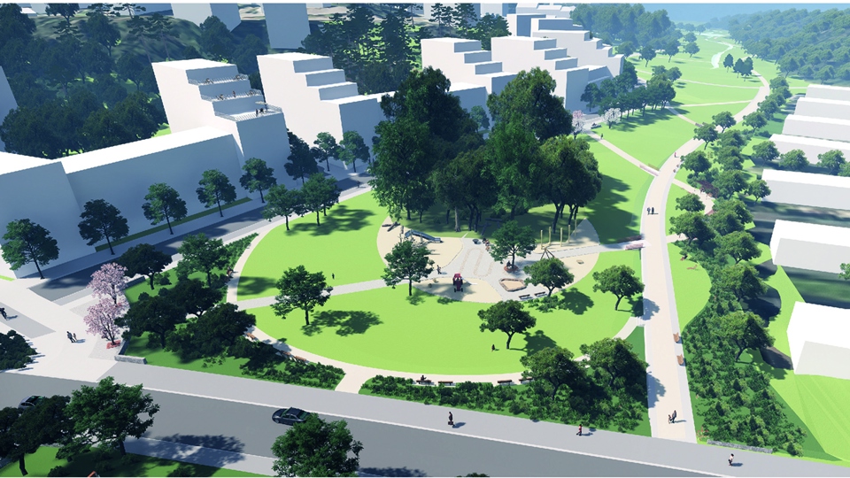 Parkstråk med bebyggelse, illustration.