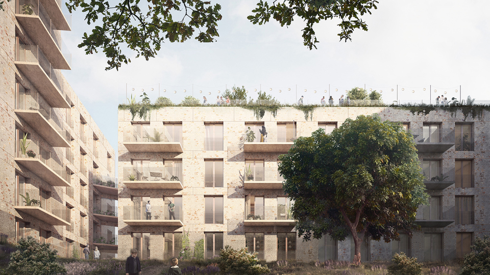 Bostadsgård i ett av kvarteren längs Skärholmsvägen. Mycket grönska både på gården och på bostadshusens tak, illustration.