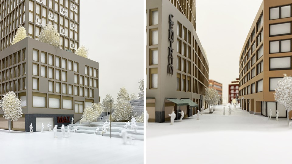 Två bilder som visar torget vid Sätra Centrum och höga centrumbyggnader runt en bred trappa och vid en gågata. Planterade träd, butikslokaler i bottenplan och människor i rörelse. Illustration