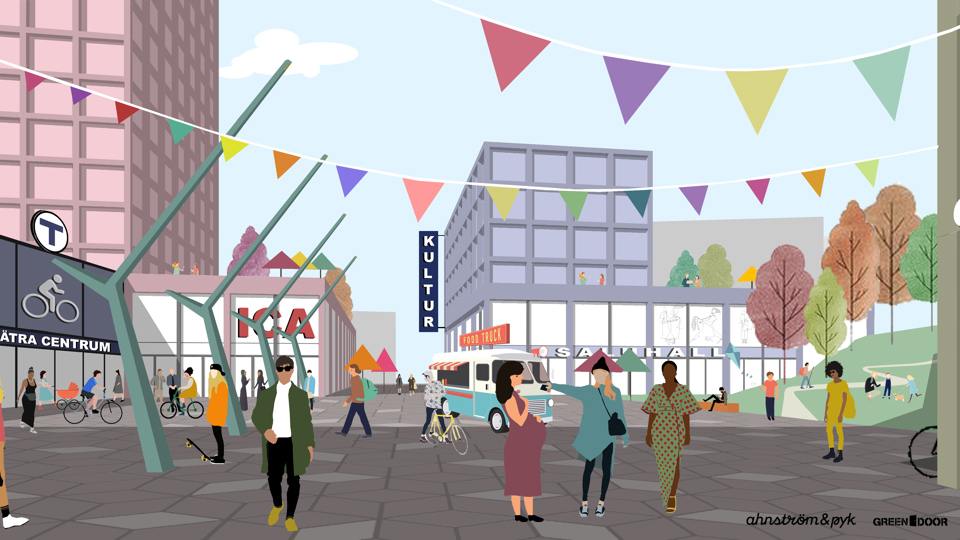 Torg med livligt gatuliv, människor som går, cyklar åker skateboard, sitter  på parkbänk. Runt torget ligger byggnader med ICA-butik, saluhall, kultur  och tunnelbanestation. Illustration