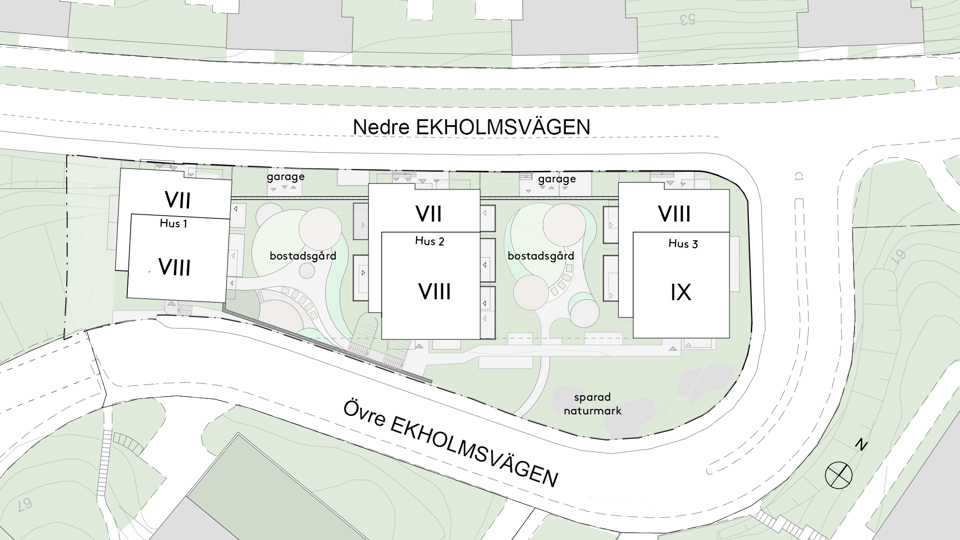 Illustrationsplan över området och de nya husens placering, illustration.