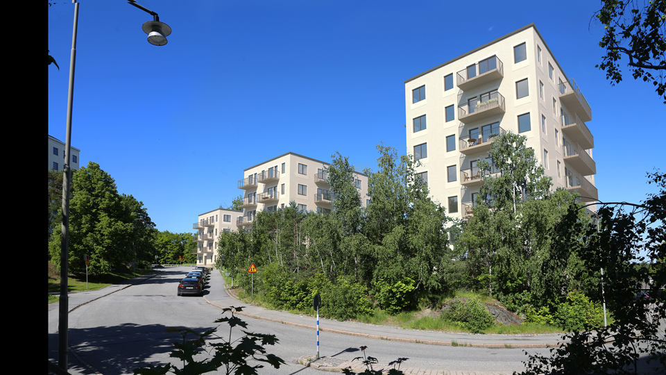 Vy från övre Ekholmsvägen med de nya punkthusen som ramas in av grönska, illustration
