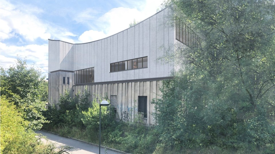 Vit och beige byggnad i modern stil, omgiven av grönskande träd och buskar, illustration. 